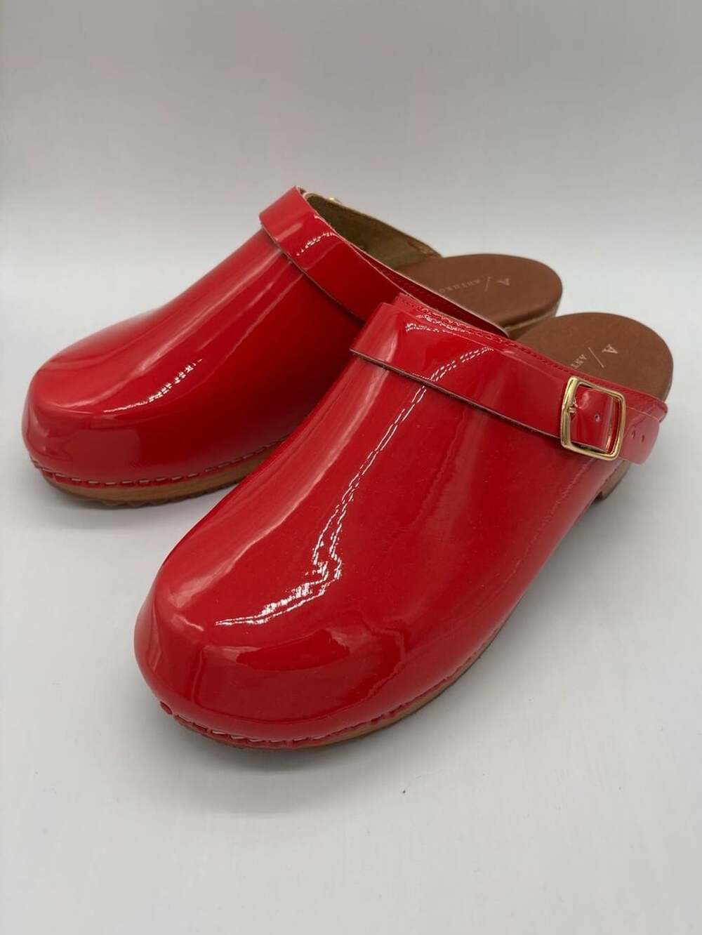Anthropologie Red Patent Leather Clog Mules with Buckle - Picture 3 of 8